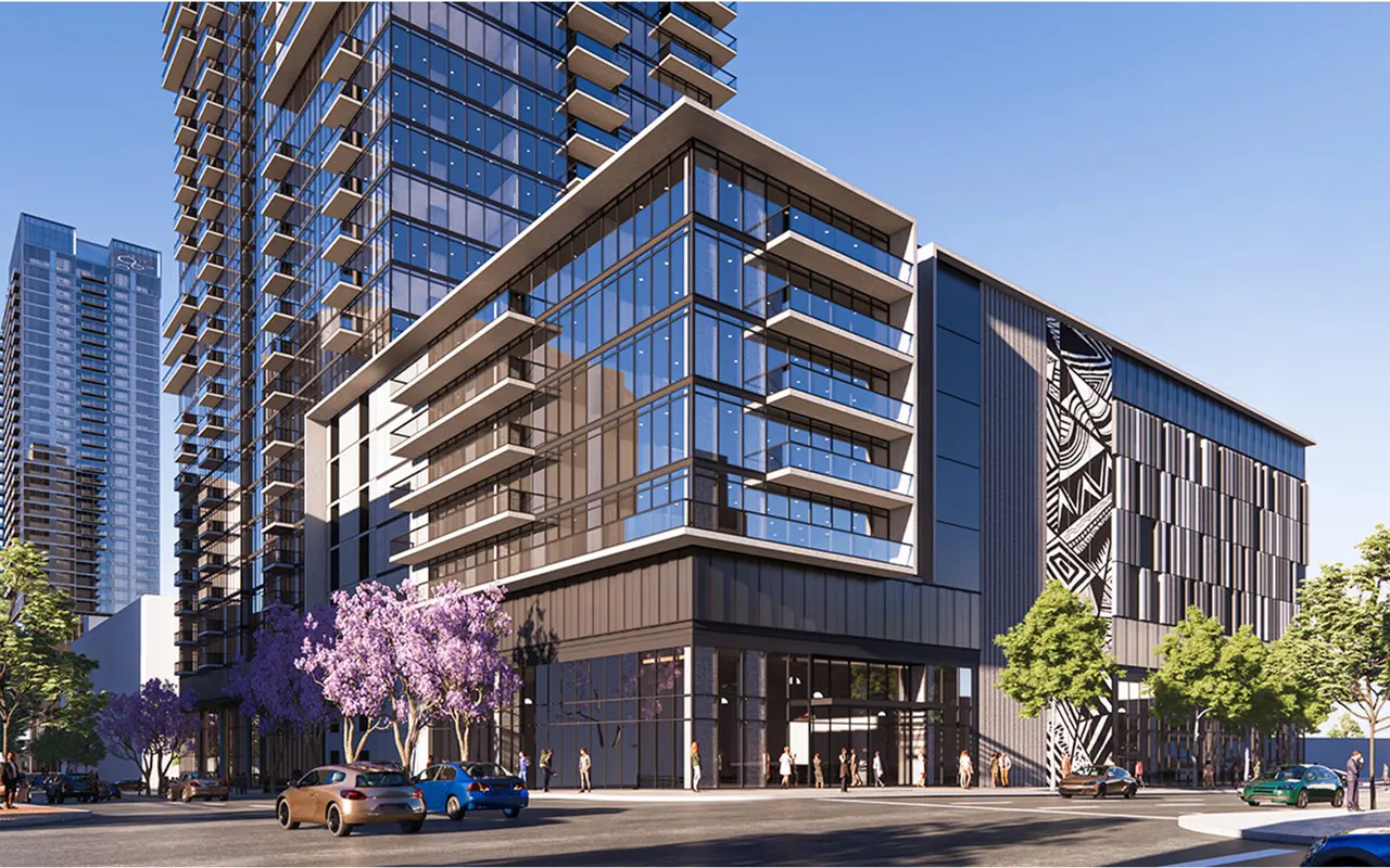 A modern architectural rendering of a multi-story building with large glass windows and balconies, surrounded by trees and parked cars.