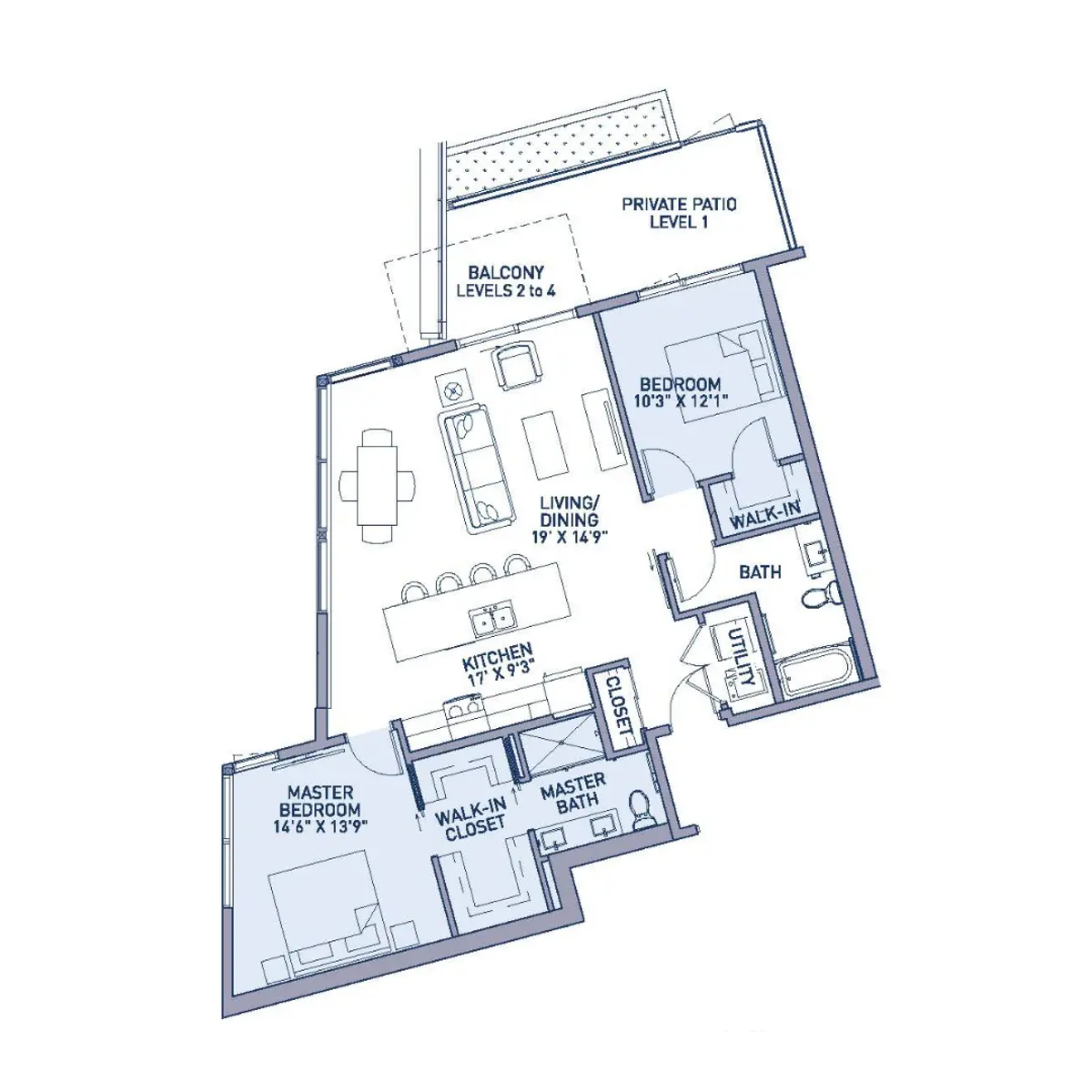 A detailed floor plan of a residential apartment featuring a master bedroom, another bedroom, a living/dining area, kitchen, and a patio.