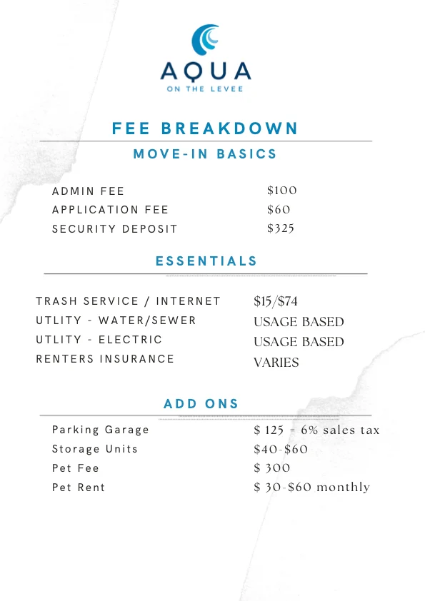 Fee breakdown for move-in basics and add-ons at Aqua on the Levee, including admin fees, application fees, security deposits, and essential service costs.