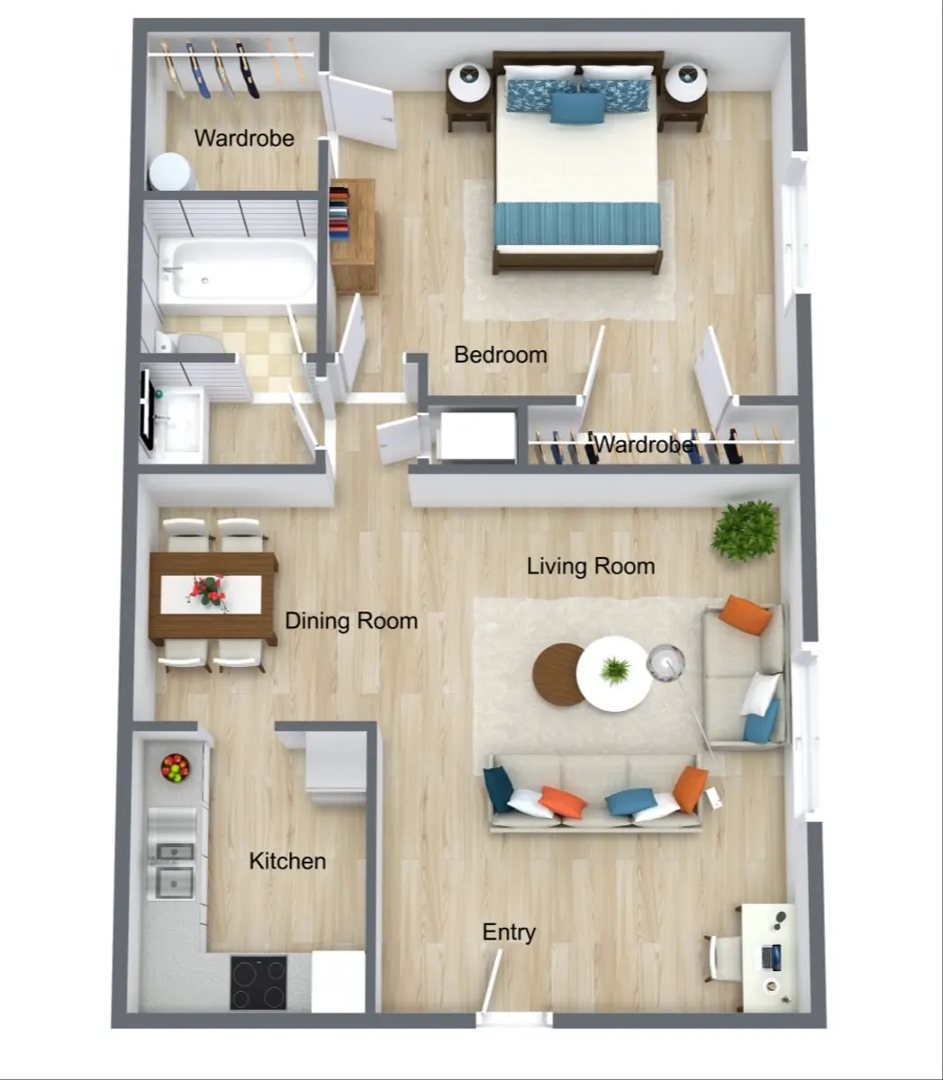 Compact Apartment Floor Plan A floor plan of a small apartment featuring various rooms and layouts. Rooms include a bedroom with a bed, wardrobes, a bathroom, a dining room with a table, a living room with a couch and coffee table, a kitchen, and an entryway.