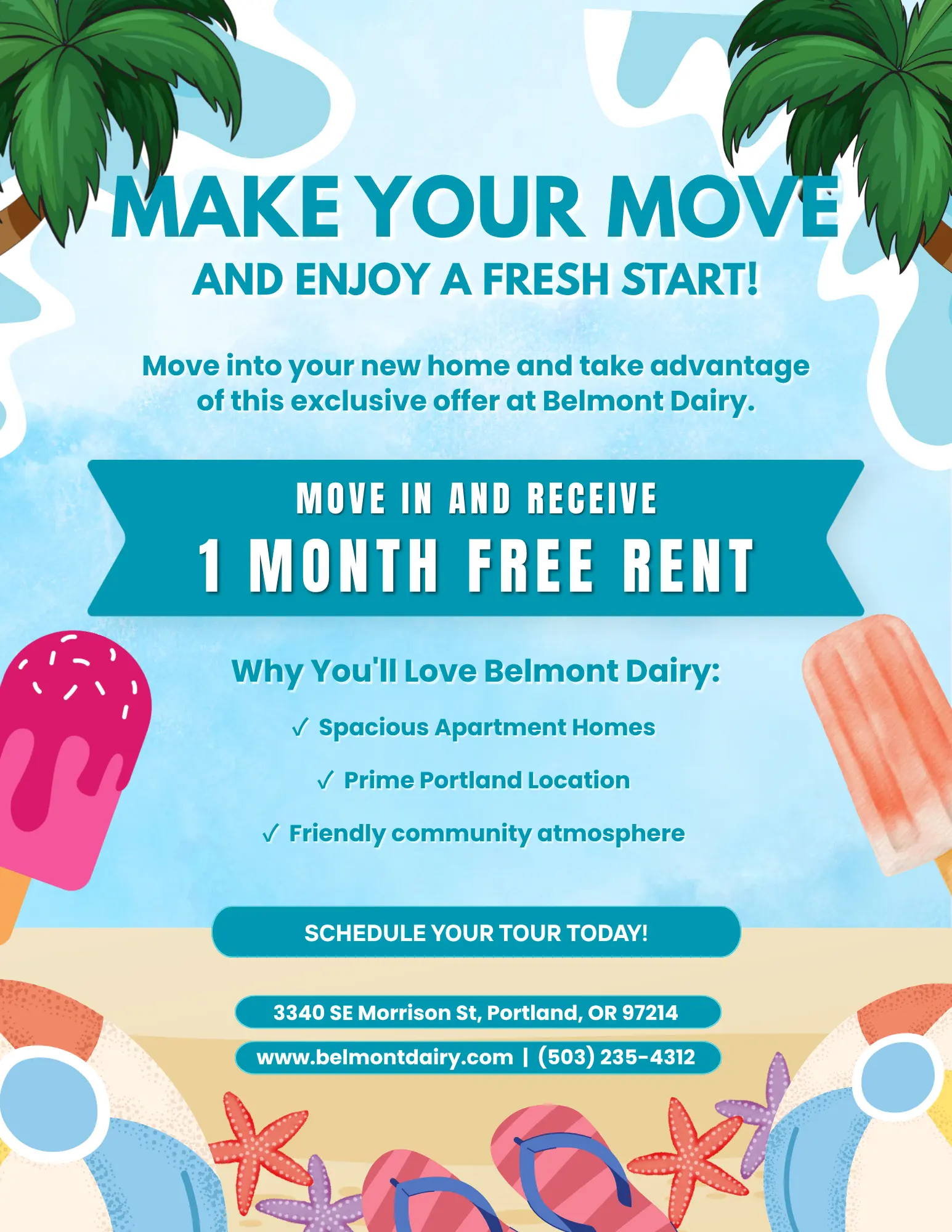 Promotional flyer for Belmont Dairy offering one month free rent with colorful tropical designs.