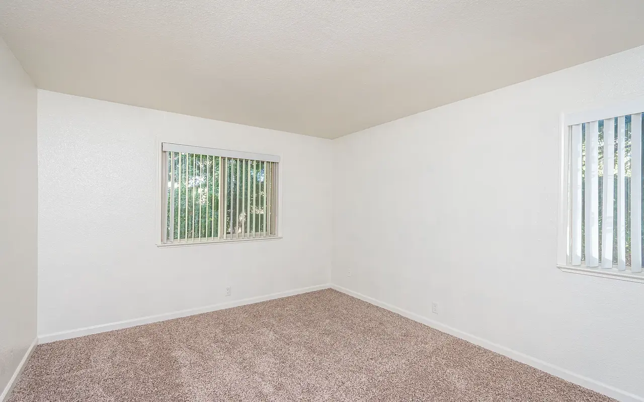 A spacious and empty room with beige carpet, white walls, and windows with vertical blinds, allowing natural light to enter.