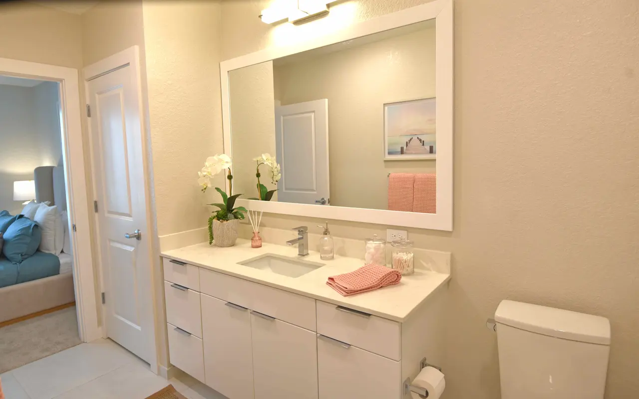 A modern bathroom with a sink, mirror, and decorative elements including plants and towels.