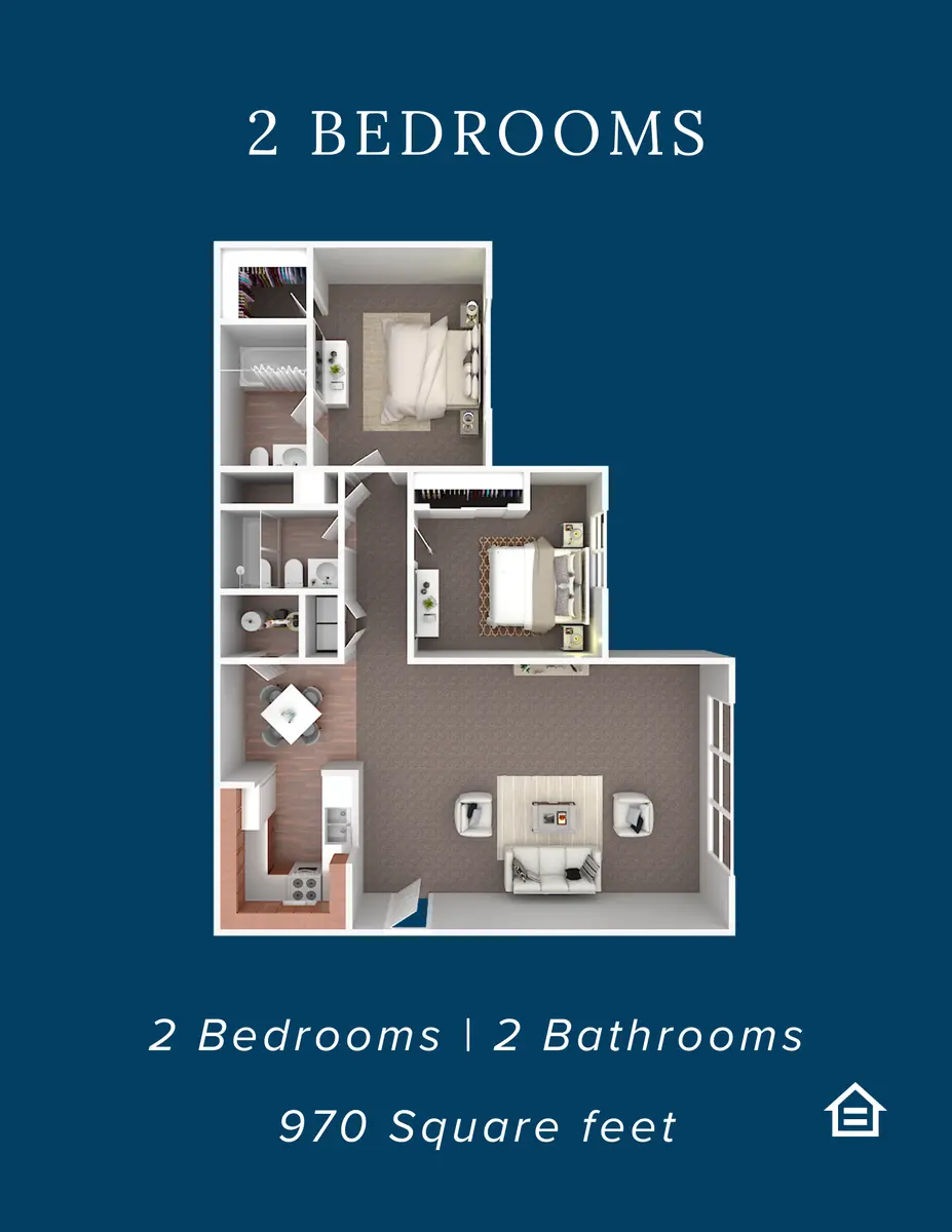 A floor plan of a two-bedroom apartment, featuring two bathrooms and a total area of 970 square feet.