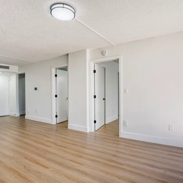 Empty Apartment Interior An empty interior of a modern apartment, featuring light wood floors and white walls, with multiple doorways leading to other rooms.