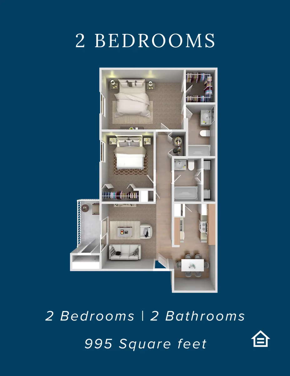 A floor plan layout showing a 2 bedroom, 2 bathroom apartment with a total of 995 square feet. The layout includes labeled rooms and furniture placements.