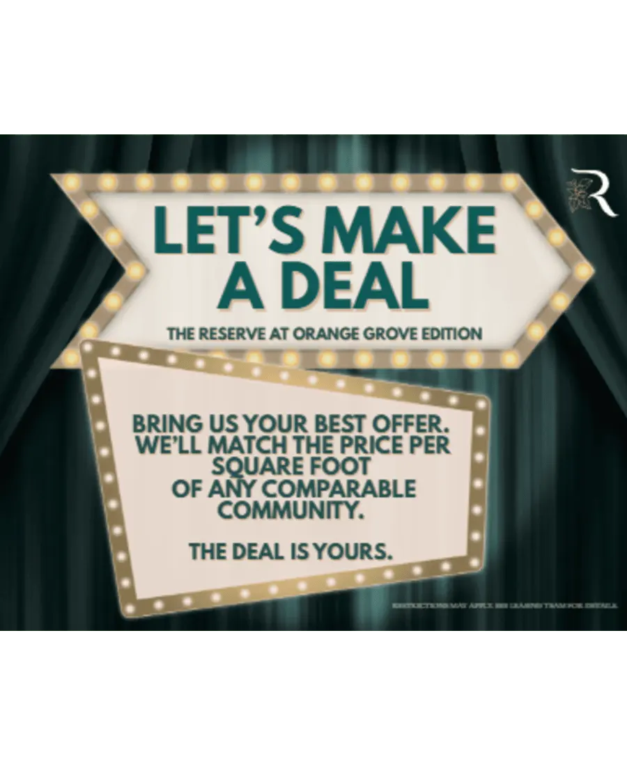 Promotional graphic for a real estate offer featuring a marquee-style design with lights, text stating 'Let’s Make a Deal' and details about matching price per square foot.