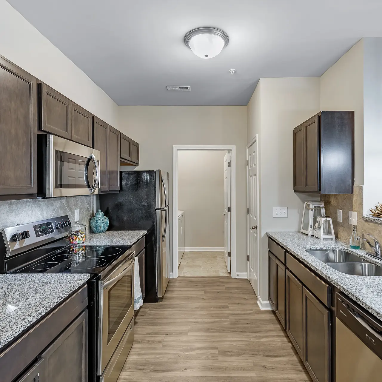 A modern kitchen featuring dark wooden cabinets, granite countertops, stainless steel appliances including a stove and microwave, and a door leading to another area. A minimalist decor with green plants adds a touch of freshness.
