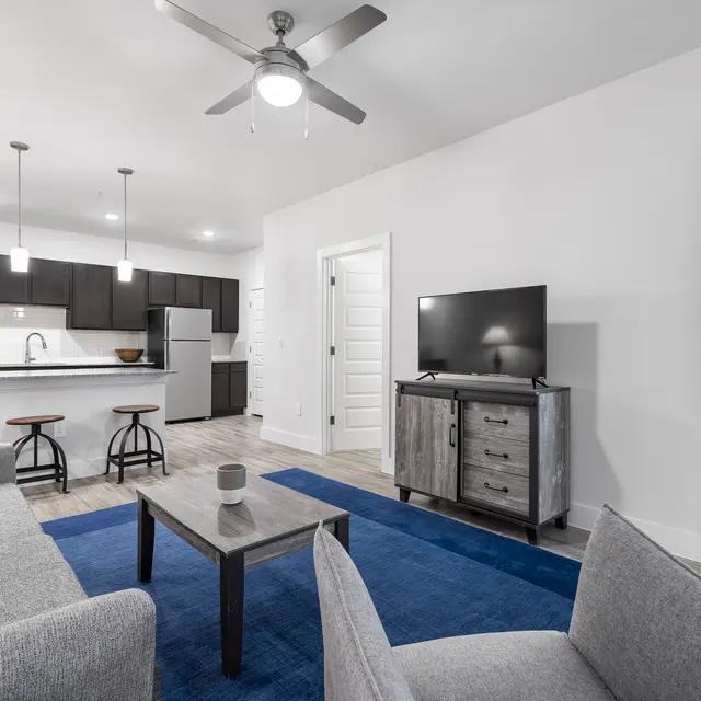 A contemporary living room featuring a gray sofa, wooden coffee table, and a flat-screen TV on a cabinet. The kitchen in the background has dark cabinets and a white countertop. Ambient lighting is provided by pendant lights.