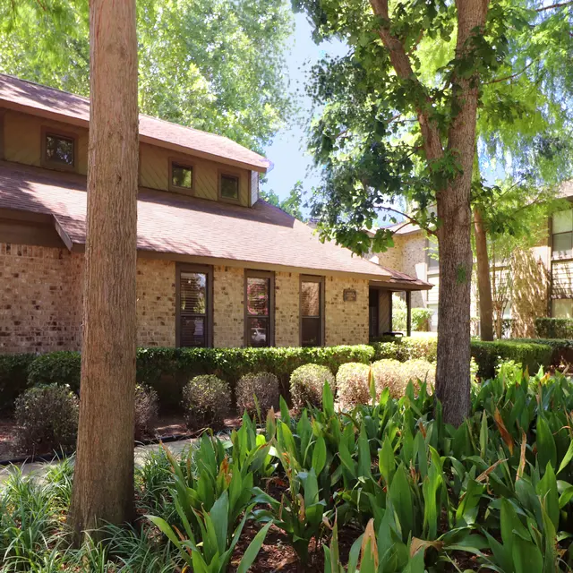 Exterior view of a two-story apartment building surrounded by trees and landscaping with plants in the foreground.