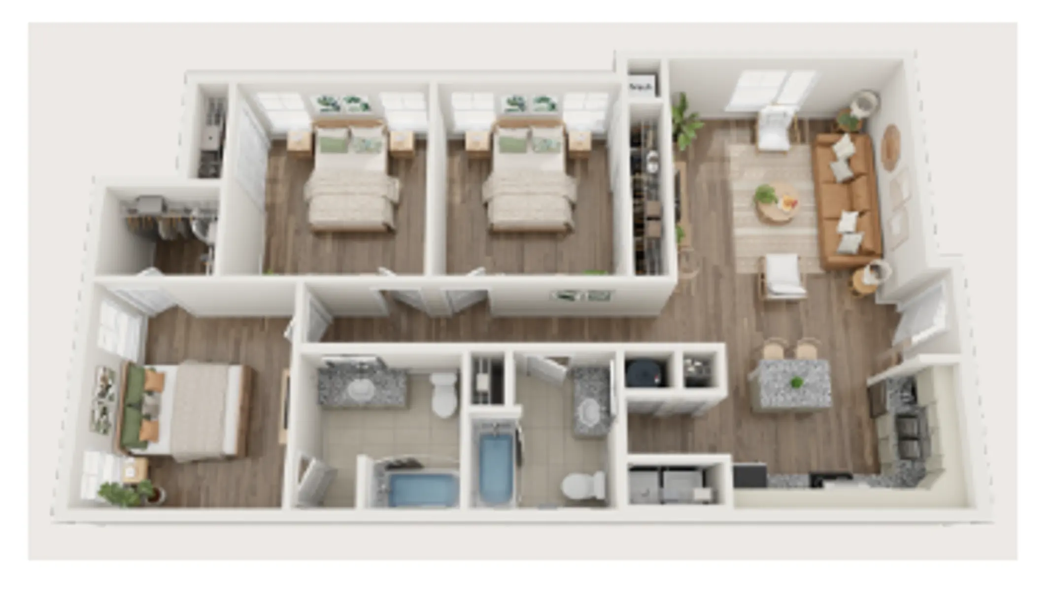 Modern House Floor Plan Aerial view of a house floor plan featuring two bedrooms, a living room, a kitchen, and two bathrooms, with a modern and functional layout.