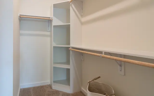 A spacious, organized closet with two hanging shelves, a small shelving unit, and a woven storage basket on beige carpet flooring.