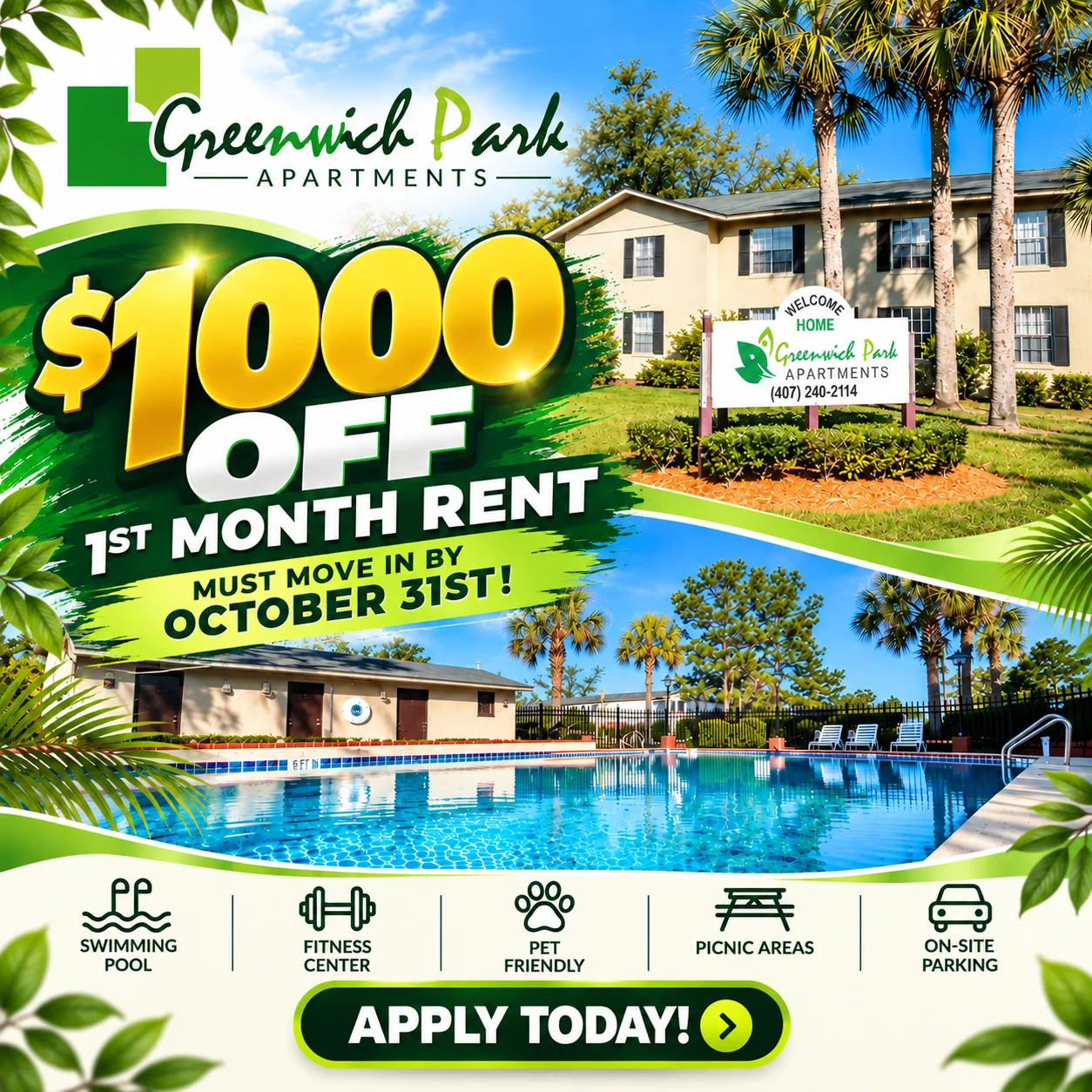 Promotional flyer for Greenwich Park Apartments featuring a swimming pool, fitness center, and information about a $1000 discount for the first month's rent.
