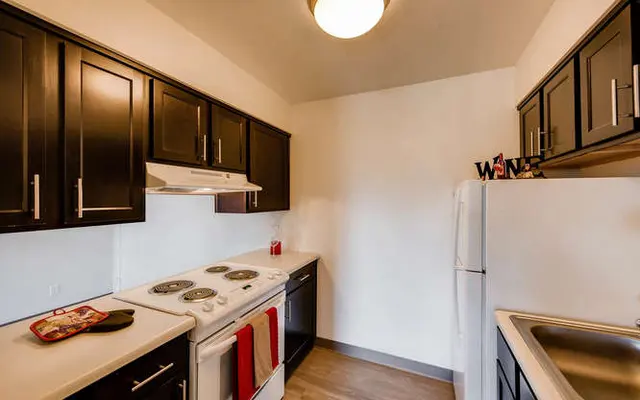 A compact modern kitchen featuring dark cabinetry, a white stove with a range hood, a black dishwasher, and a white refrigerator. The counter is adorned with a tray and red kitchen towels. There is a sink with stainless steel fixtures.