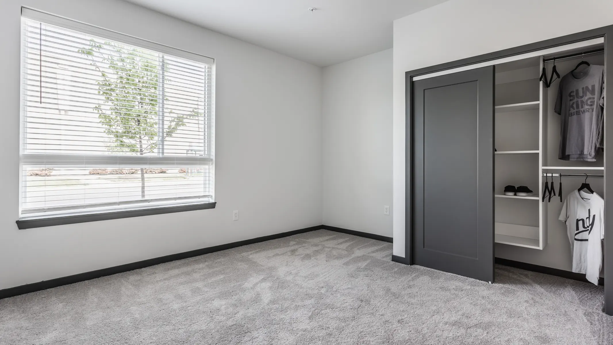 A spacious empty room with a carpeted floor, a window with blinds letting in natural light, and a closet featuring hanging clothes and shelves.