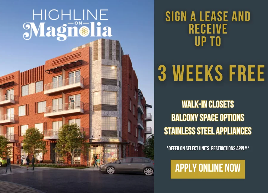 An advertisement for Highline on Magnolia, showcasing a modern apartment building. The promotional text highlights a special leasing offer for up to 3 weeks free, along with features like walk-in closets, balcony space options, and stainless steel appliances. A call to action invites potential renters to apply online.