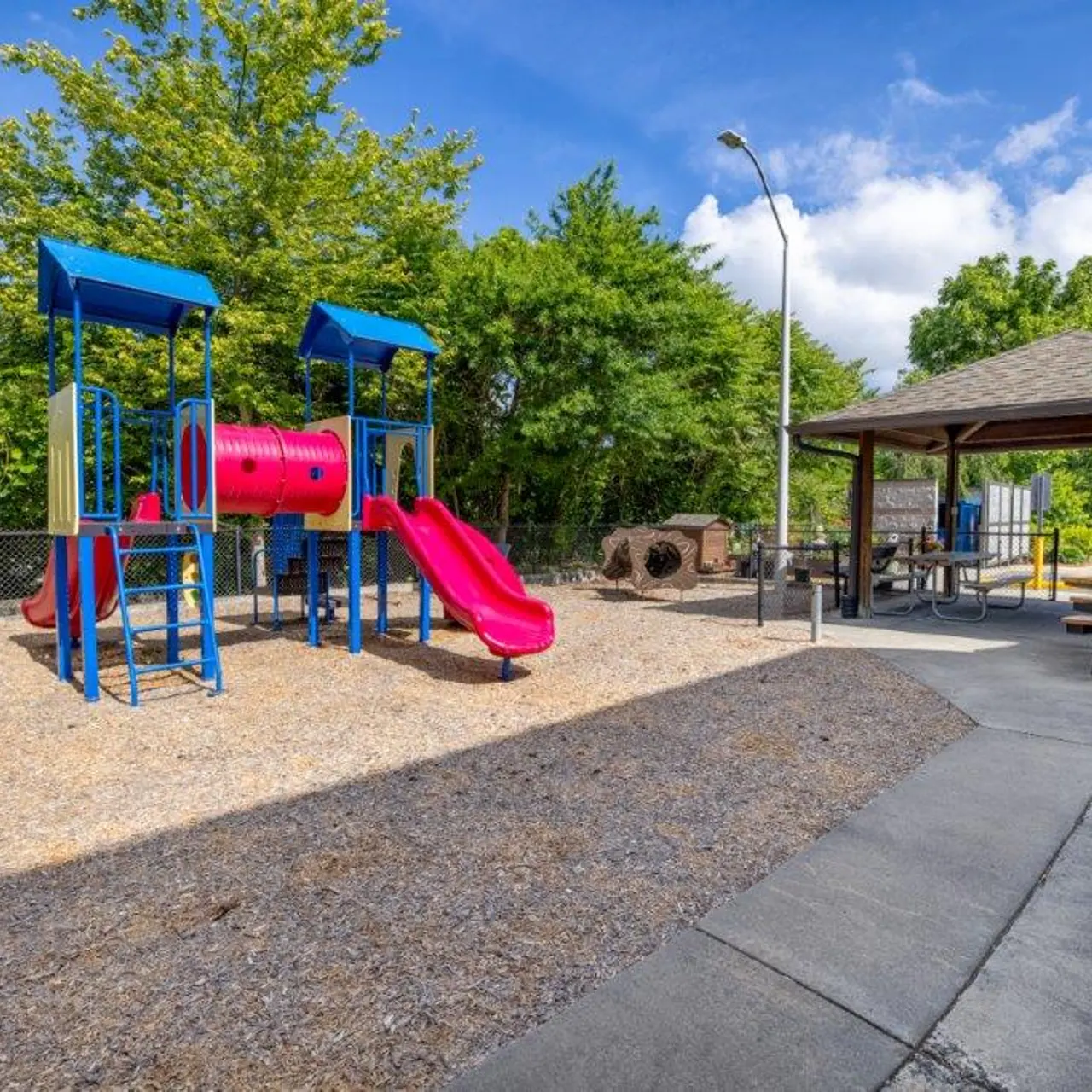 A playground with blue and pink equipment surrounded by trees, featuring slides and a shaded picnic area with benches and tables.