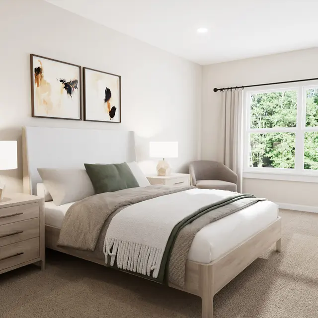 Bright, modern bedroom with a large window, light-colored walls, a bed with a green throw, and minimalistic furniture.