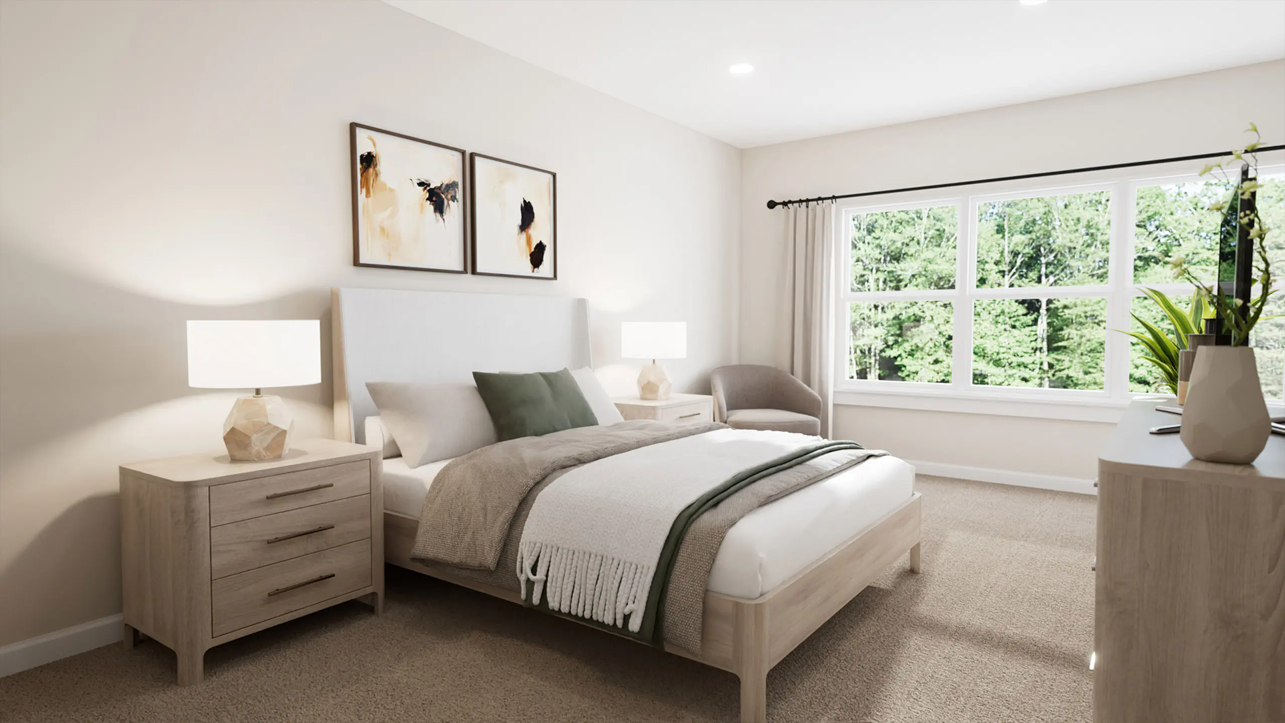 Bright, modern bedroom with a large window, light-colored walls, a bed with a green throw, and minimalistic furniture.