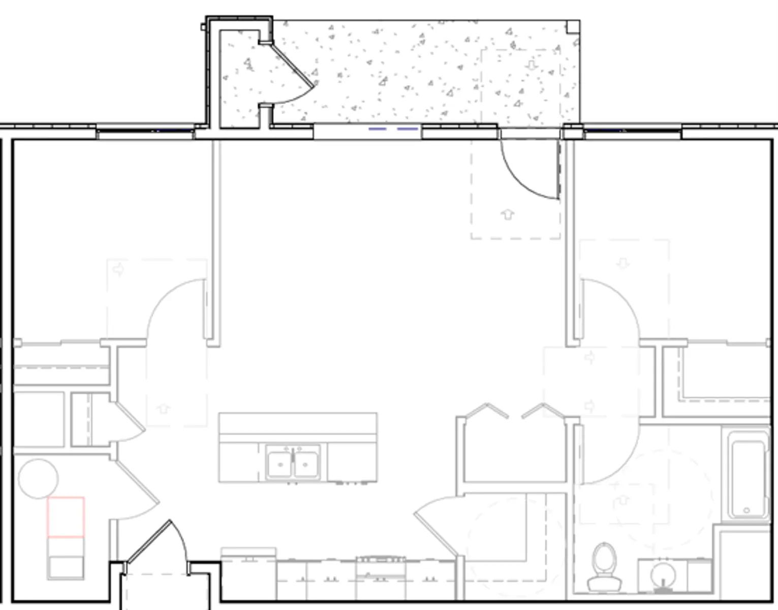 A technical floor plan drawing with labeled areas including kitchen, living room, and bathroom. It shows the layout of rooms and furniture placement.