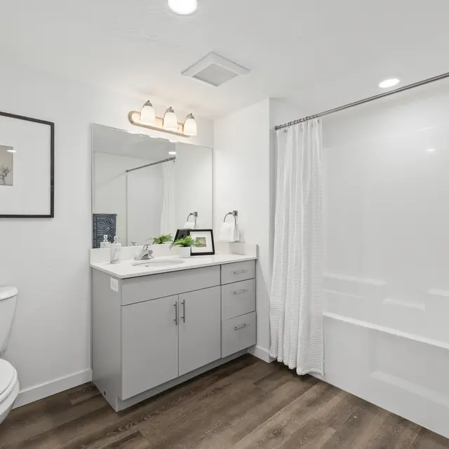 A modern bathroom featuring a white vanity with a sink, a large mirror above it, and a shower area with a glass door and a white curtain. There is a framed art piece on the wall and stylish lighting above the mirror. The flooring is wood-like and there's a blue towel hanging.