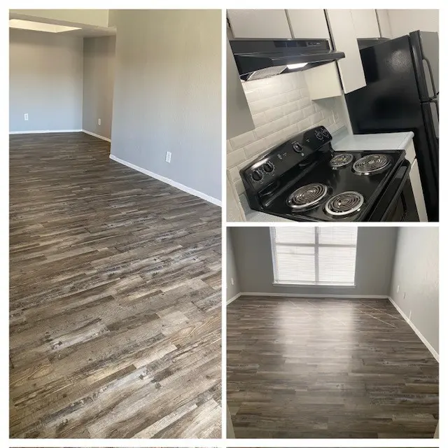 Images of a modern apartment interior featuring wooden flooring, a black stove, and an empty room with a window.