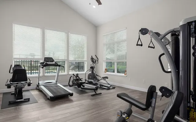 A spacious home gym featuring a treadmill, elliptical machine, and multi-station gym equipment. The room has large windows allowing natural light, and light-colored walls with wooden flooring.
