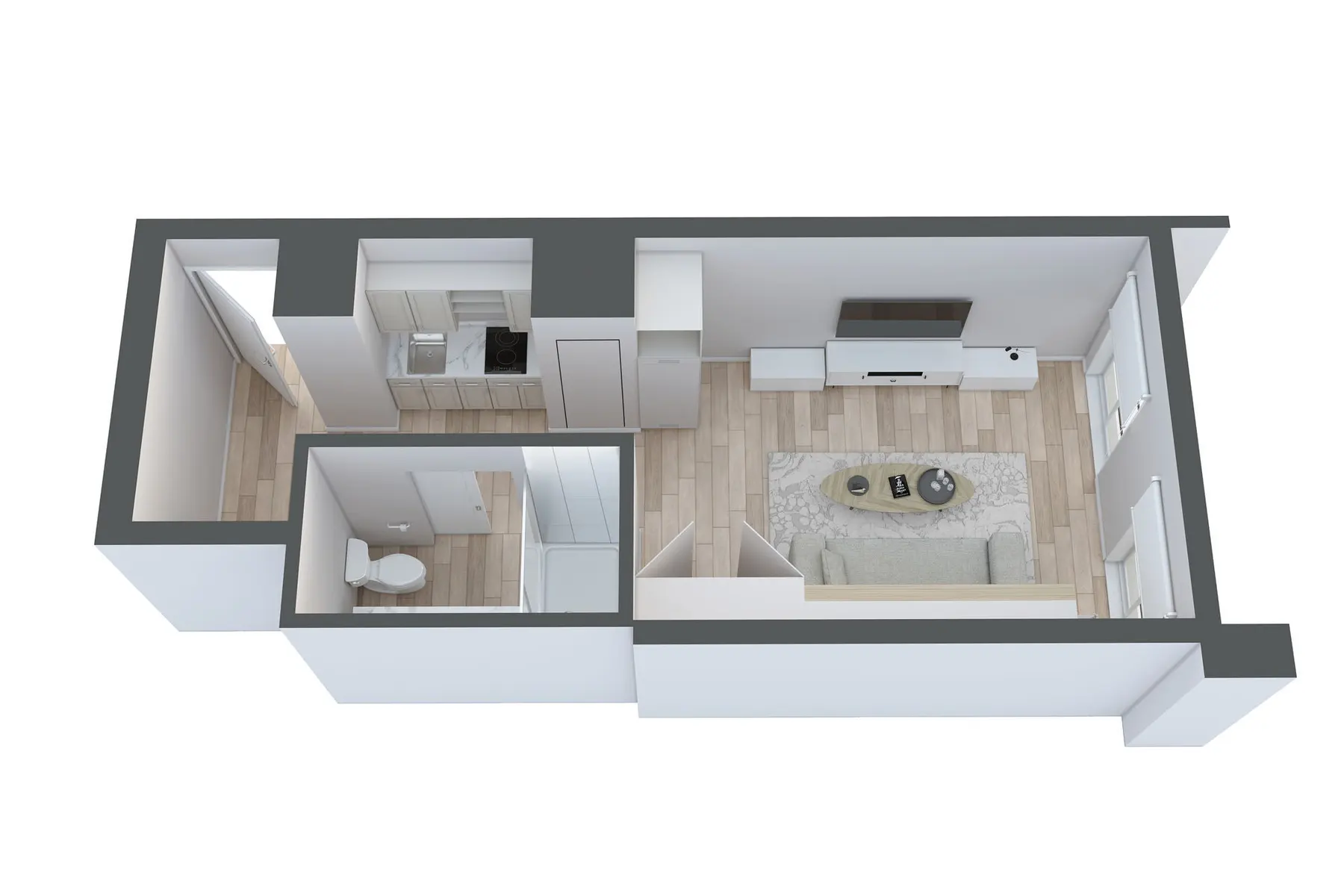 Apartment Floor Plan Layout A top-down view of a small apartment floor plan featuring a living area, kitchen, bathroom, and separate bedroom. The layout includes a sectional sofa, television, and a dining area.