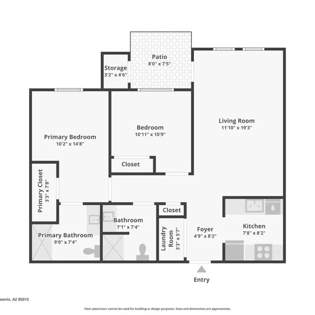 Residential Floor Plan in Phoenix, Arizona A black and white floor plan of a residential unit featuring a living room, kitchen, bedrooms, bathrooms, storage, and a patio.