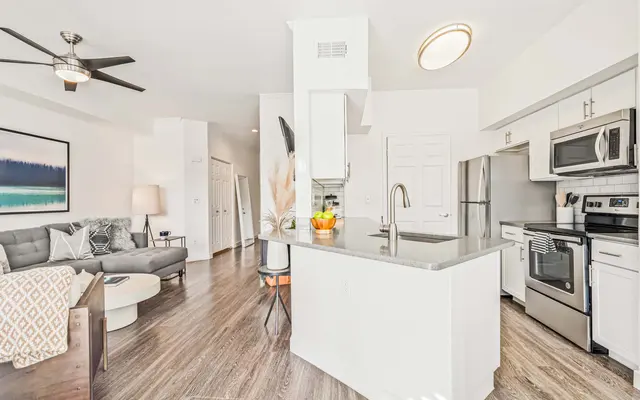 A modern and stylish open-concept living space featuring a kitchen and living room area. The kitchen has stainless steel appliances, a white island bar, and is adjacent to a cozy seating area with a grey sofa and decorative pillows. A large window allows natural light to brighten the room, which has wooden flooring and contemporary decor.