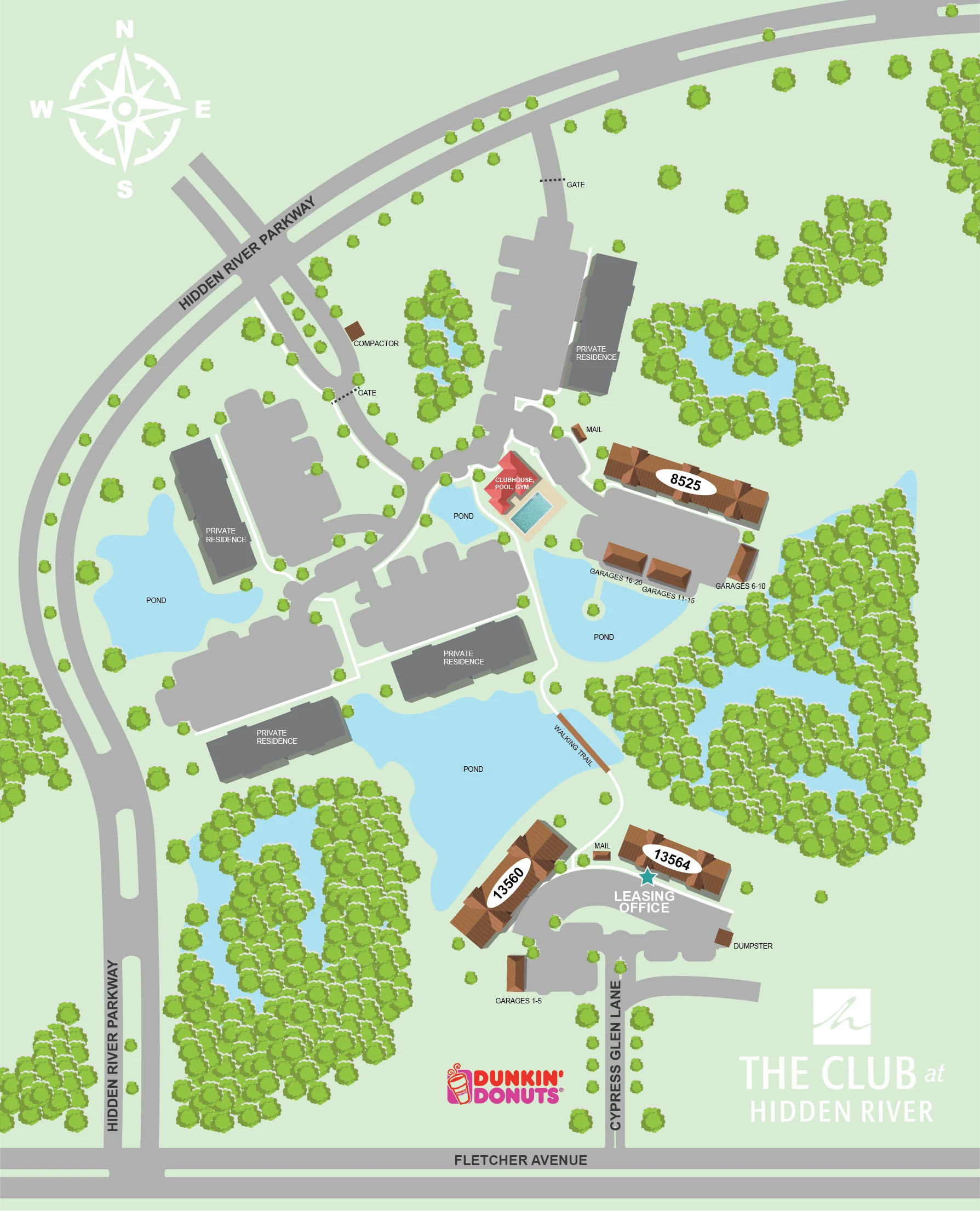 Map of The Club at Hidden River showing buildings, lakes, and amenities like Dunkin' Donuts.