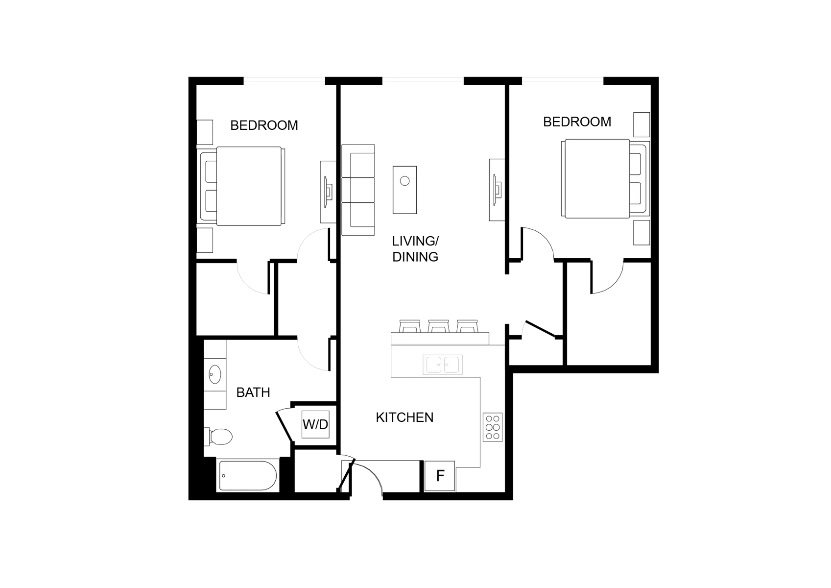 A black and white floor plan of a two-bedroom apartment. It includes two bedrooms, a living/dining area, a kitchen, and a bathroom.