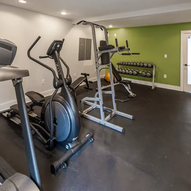 The Hideaway -  A modern home gym featuring various exercise equipment including a treadmill, elliptical machine, weight lifting station, and a set of dumbbells on a rack against a green accent wall.