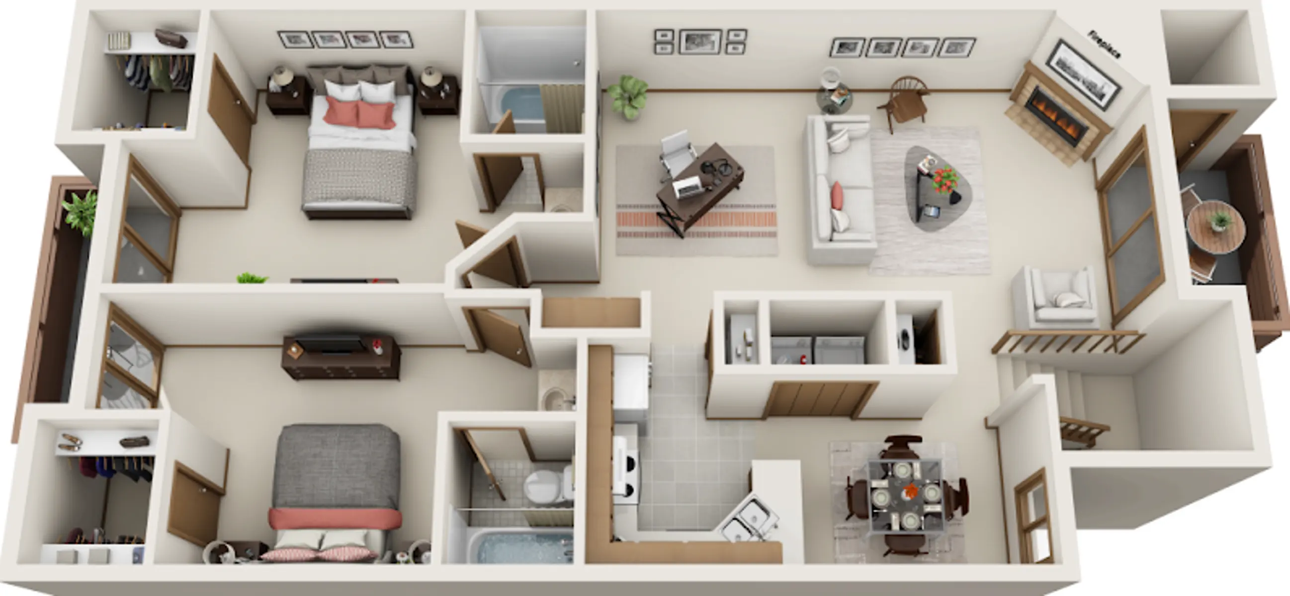 A 3D floor plan of an apartment layout showcasing multiple rooms including bedrooms, living room, dining area, kitchen, and bathrooms.