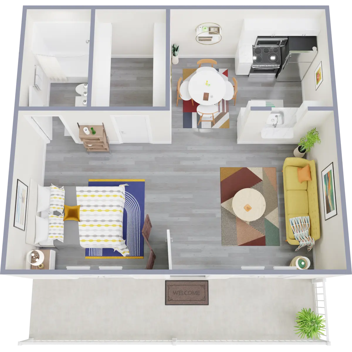 A top-down view of a small apartment layout featuring a bedroom with a bed, a bathroom, a dining area with a round table, a living area with a couch, and a kitchen area.
