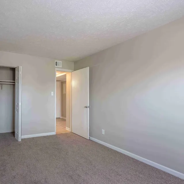A spacious, empty bedroom with light beige walls and carpeted flooring. There are two doors, one leading to a closet and the other to a hallway. Natural light is minimal, creating a serene atmosphere.