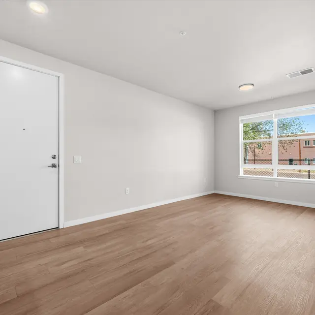 An empty, modern apartment living space featuring a wooden floor, a white door, and a large window with bright, natural light coming through.