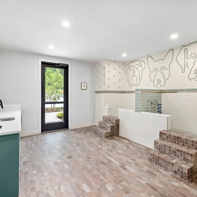 A modern dog washing area featuring tiled walls with pet illustrations, a counter with a sink, and two elevated washing stations.