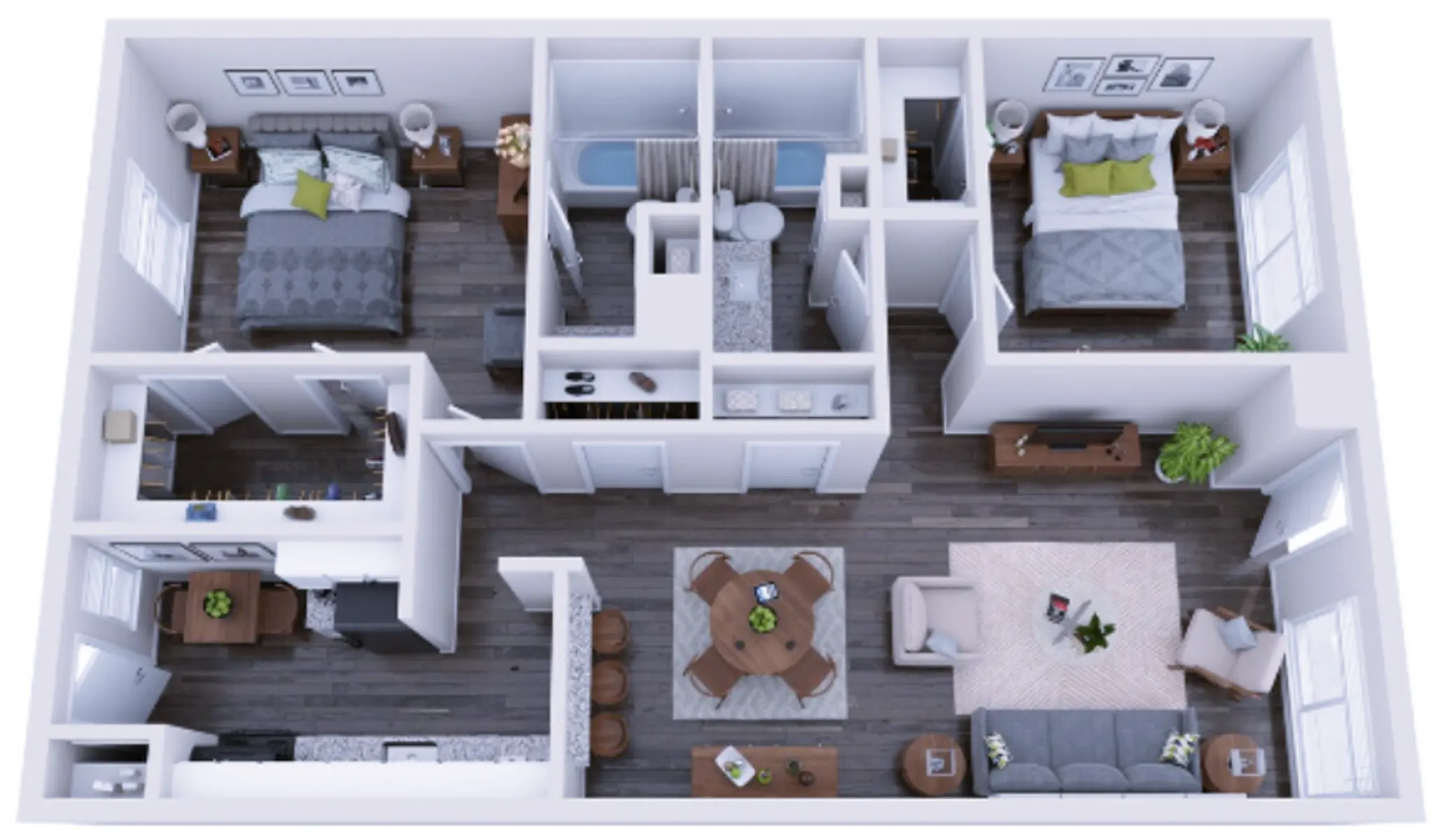An aerial view of a multi-bedroom apartment layout showing two bedrooms, a living area, a dining area, and a kitchen.