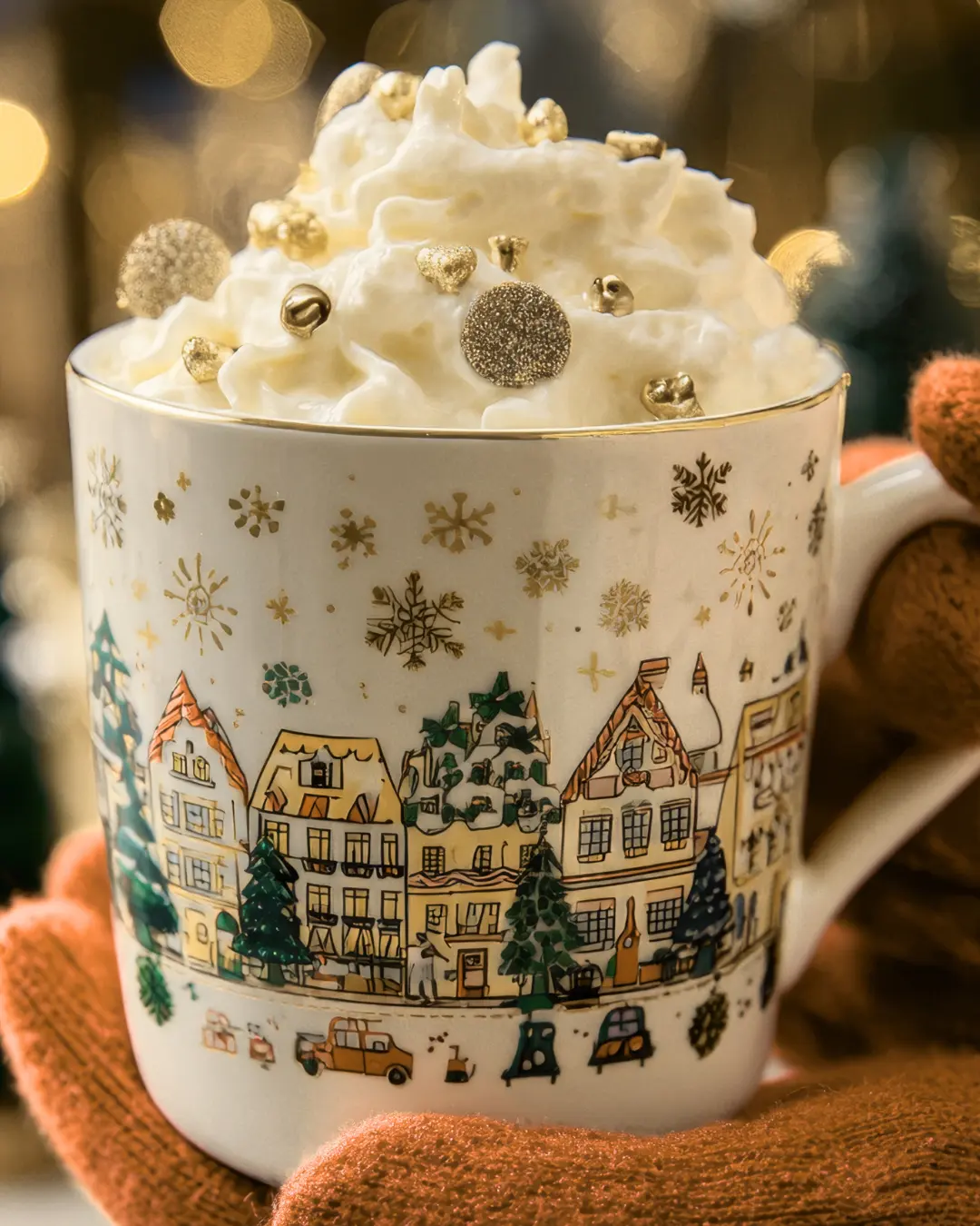 A festive mug filled with whipped cream, topped with golden sprinkles, held by a hand in an orange glove. The mug features a painted winter village scene with snowflakes around it.