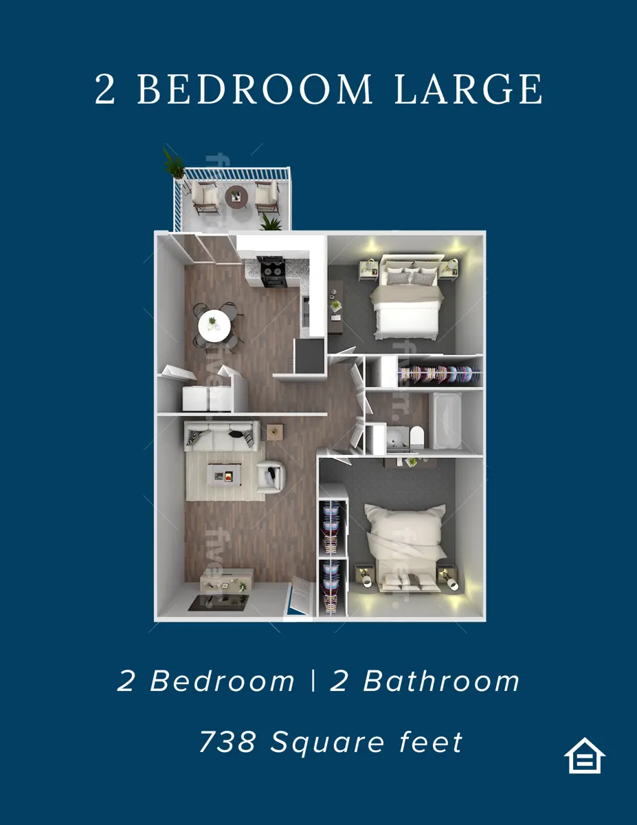 Floor plan of a large two-bedroom apartment with two bathrooms and a total area of 738 square feet.