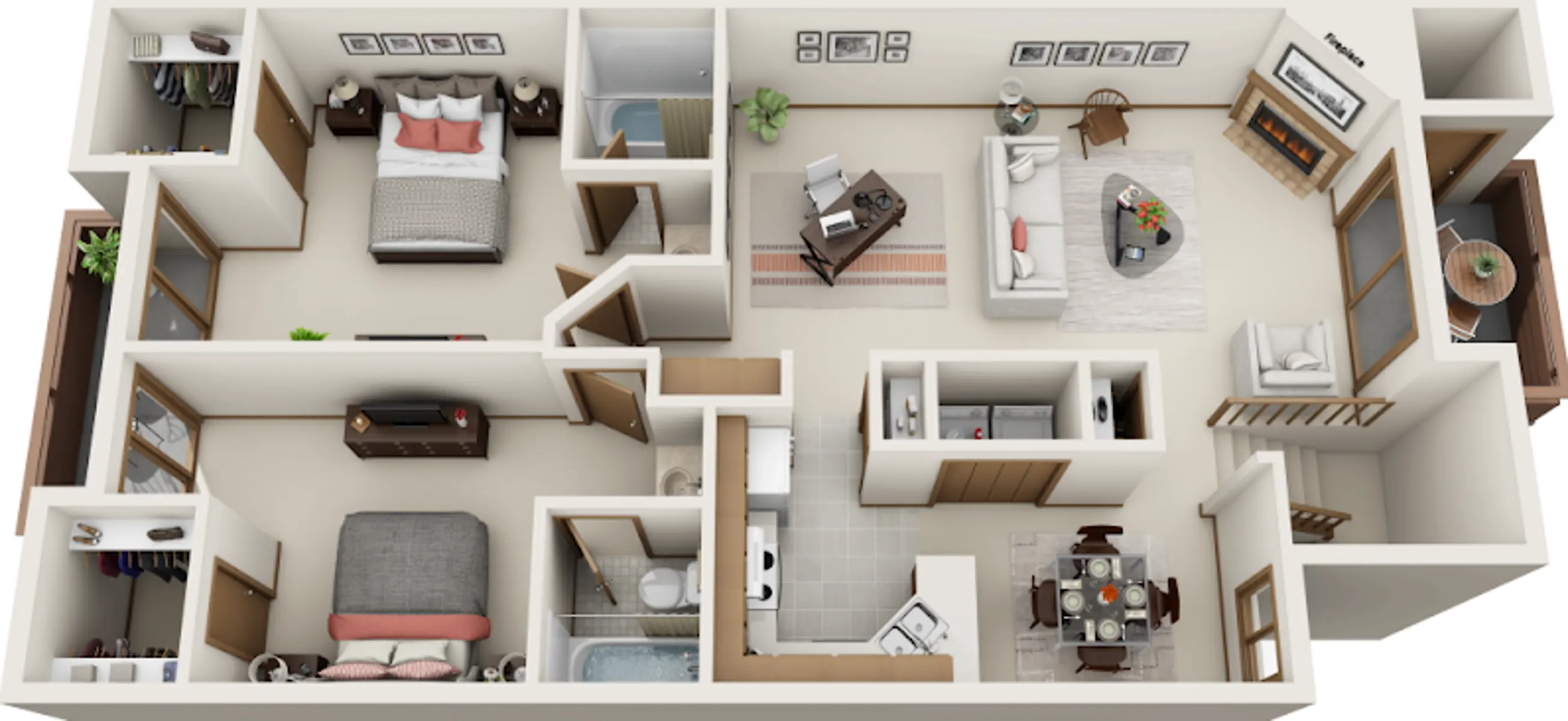 A top-down view of a modern apartment layout showcasing different rooms including two bedrooms, a living area, a kitchen, and a dining space, all designed with contemporary furnishings.