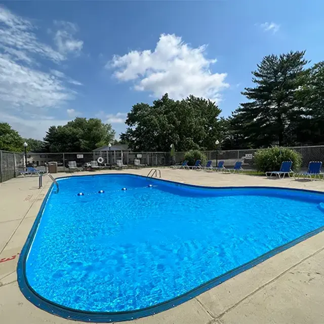 Outdoor swimming pool with clear blue water and lounge chairs nearby, surrounded by trees and fencing.
