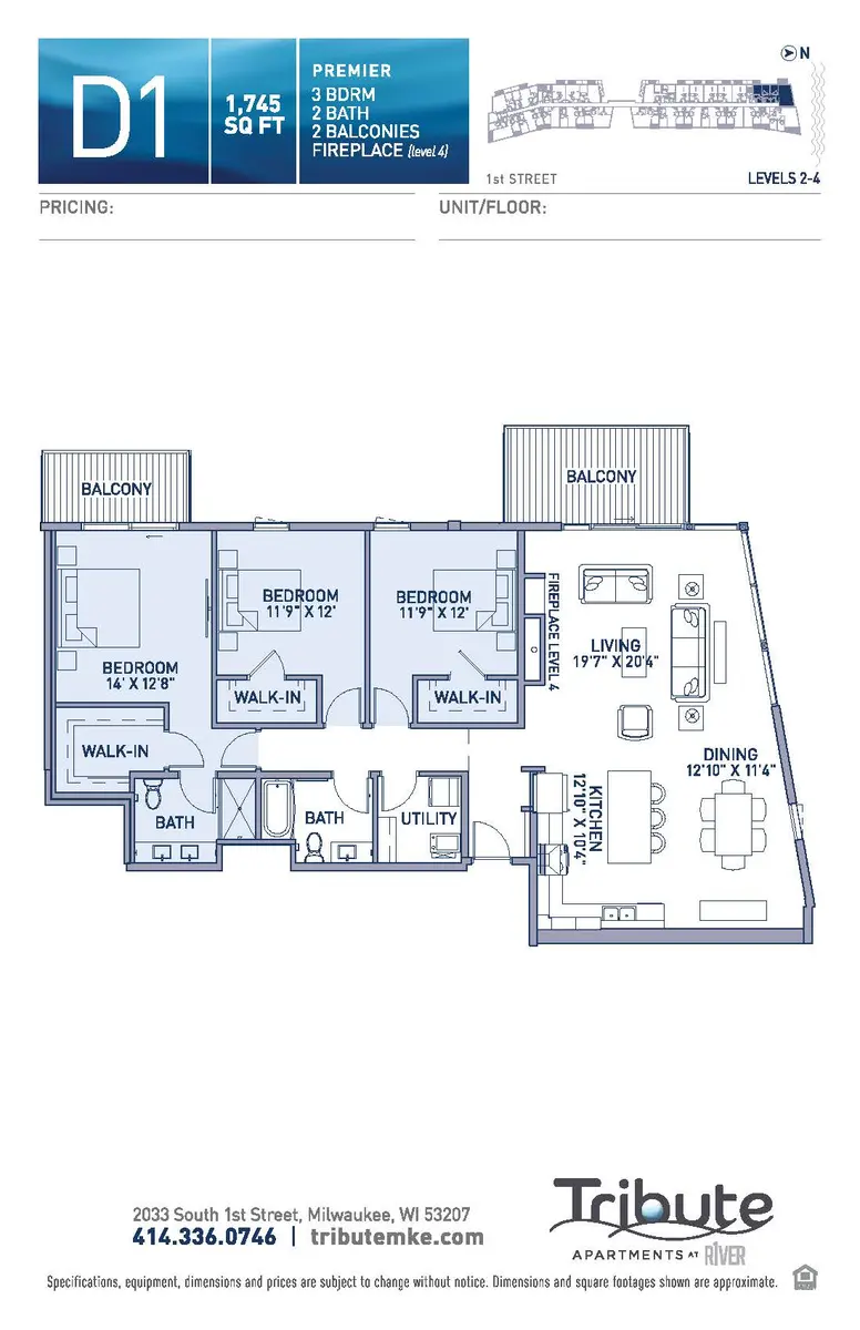 Floor plan of a D1 apartment layout featuring 3 bedrooms, 2 bathrooms, a living room, dining area, and balconies.