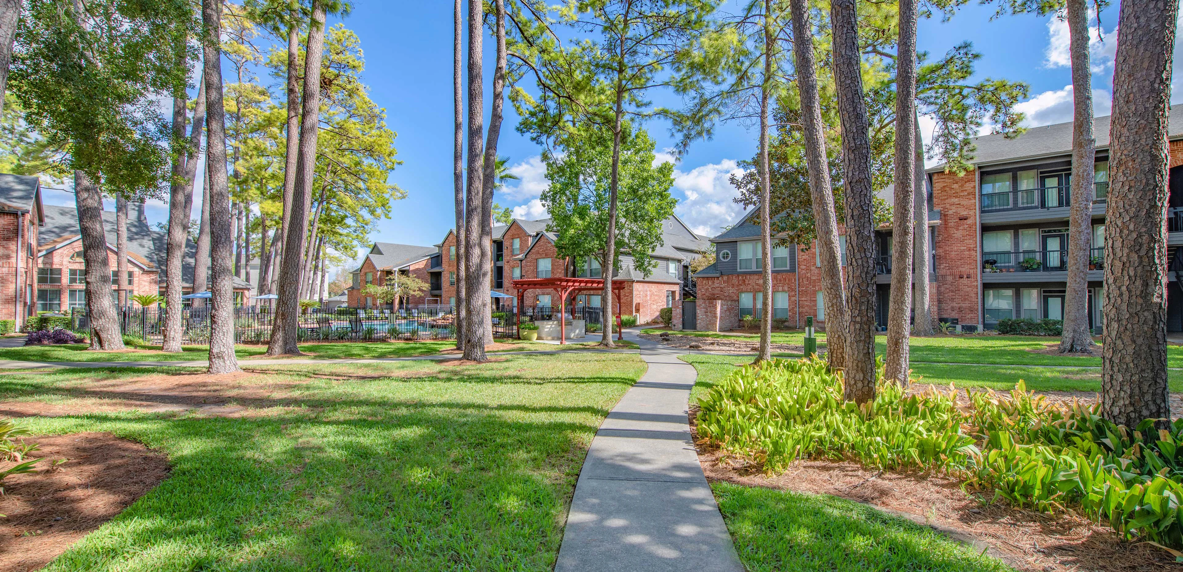 Serene Pathway Through Apartment Community A landscaped pathway leading through a grassy area lined with tall trees, surrounded by apartment buildings.