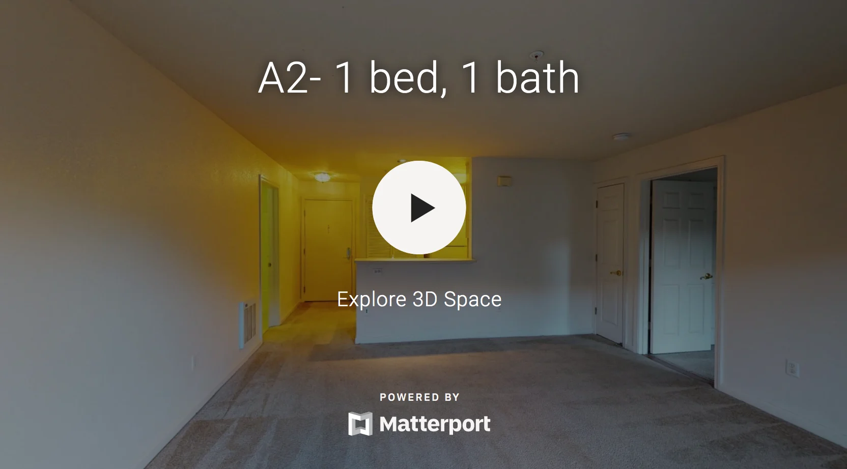 A view of a one-bedroom, one-bathroom apartment with carpeted floors and neutral-colored walls.