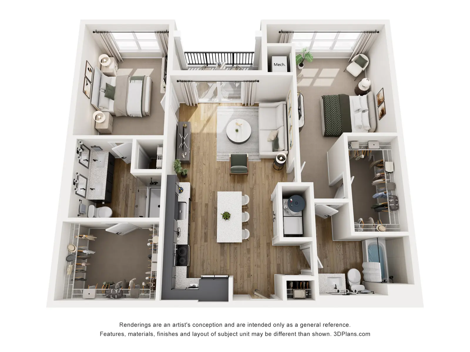 A detailed floor plan of a two-bedroom apartment, illustrating room layout including kitchen, living area, and bedrooms, with furniture placements.