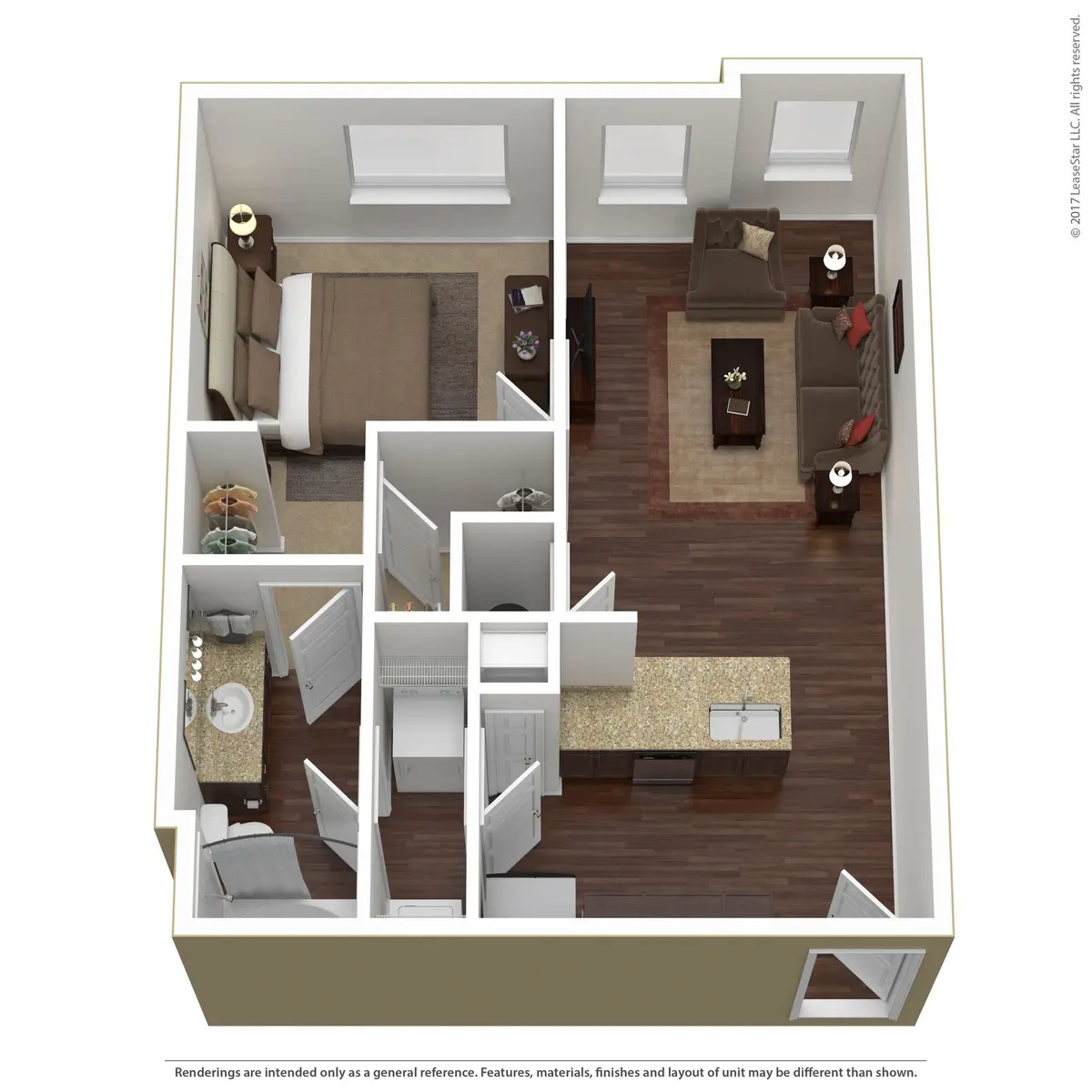 Compact Apartment Layout A top-down view of a small apartment layout, featuring a bedroom, living room, kitchen, and bathroom. The bedroom includes a bed, while the living room has a couch and coffee table. The kitchen is equipped with an island and cupboards, and there’s a bathroom area with a sink and shower.