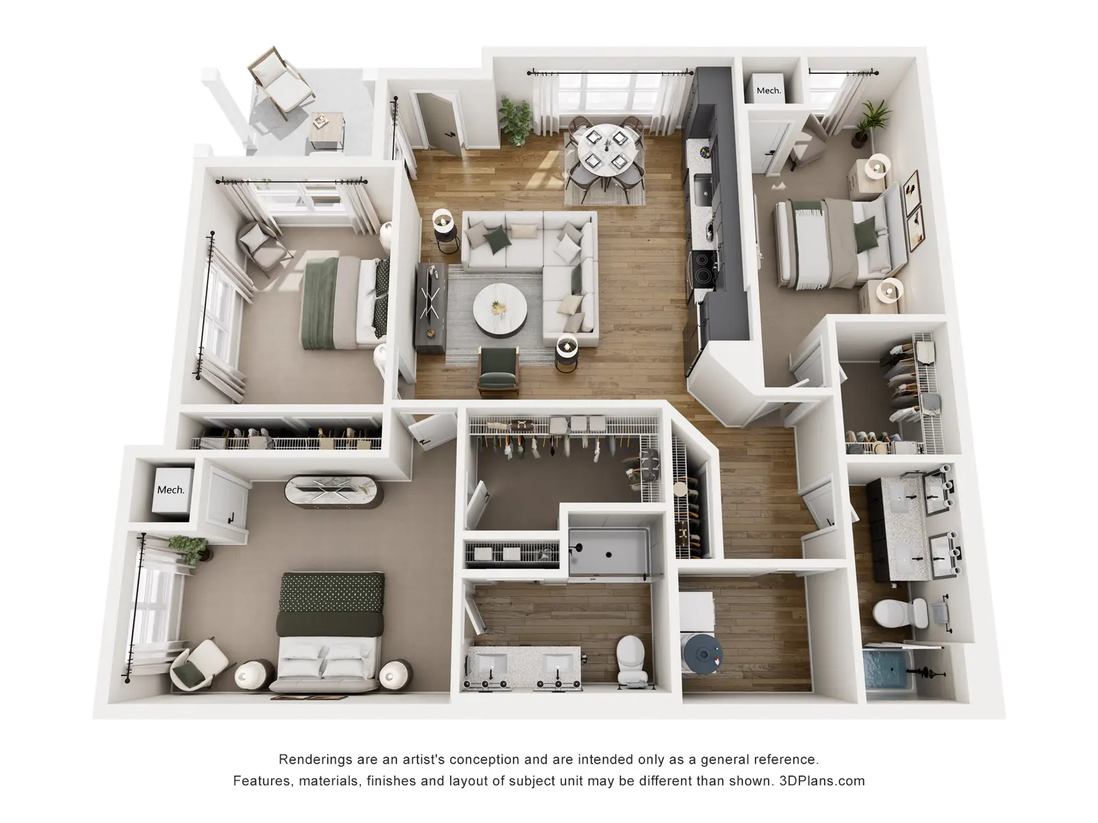 3D layout of an apartment featuring multiple rooms including bedrooms, a living area, and a kitchen.