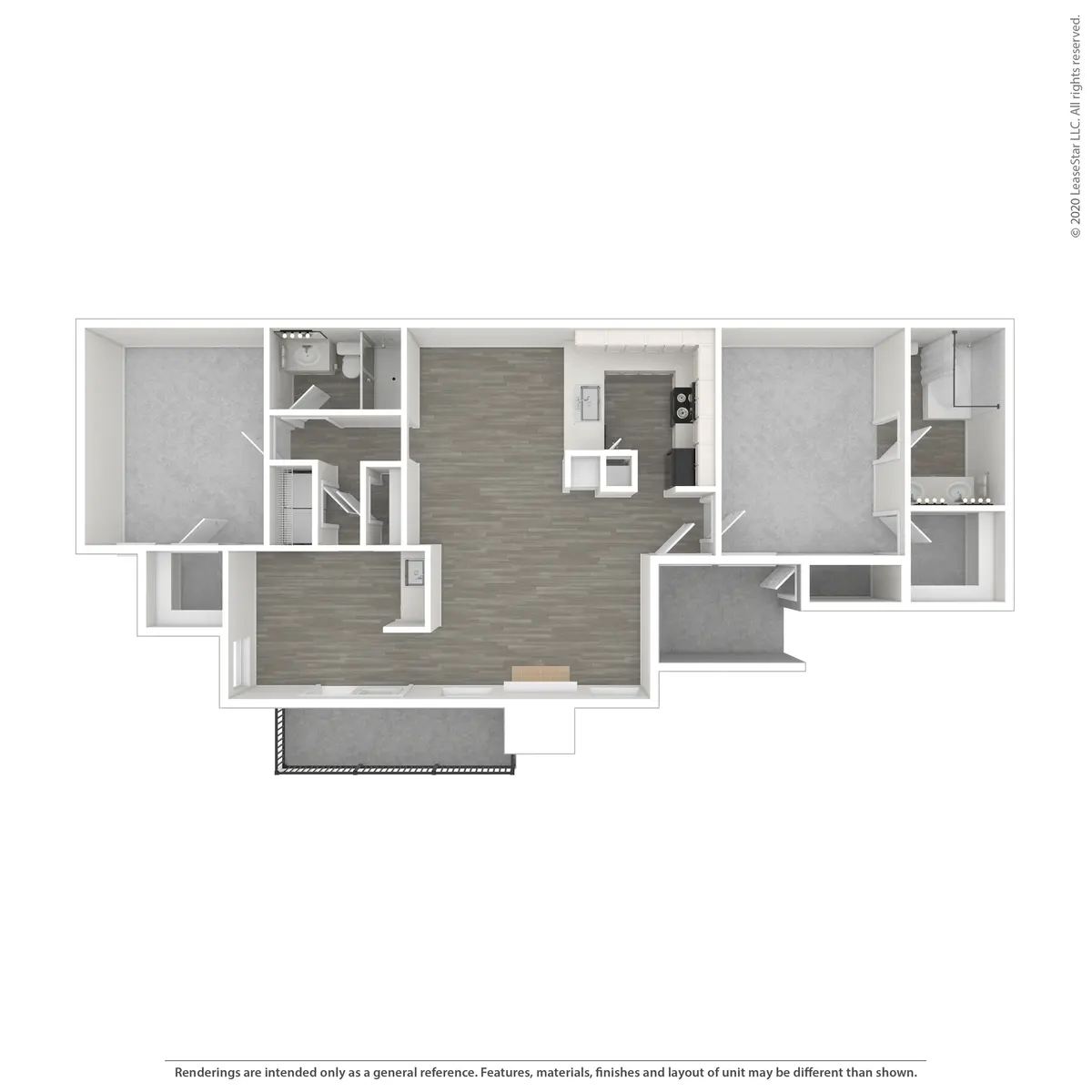 A detailed floor plan displaying the layout of a modern apartment with clearly defined rooms including a kitchen, living area, and multiple bedrooms.